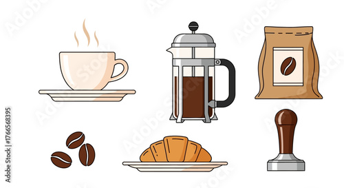 Illustration of Coffee Cup French Press Croissant and Coffee Beans.