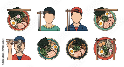 Illustrations of People Eating Ramen Bowls with Chopsticks.