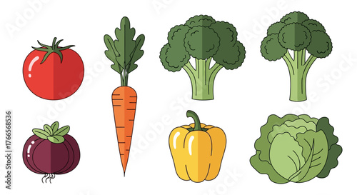 Illustrations of Various Fresh Vegetables Including Tomato Carrot Broccoli and Pepper.