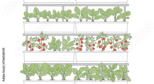 Indoor Vertical Garden with Various Green Plants and Tomatoes.