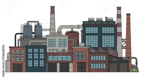Industrial Factory Building with Chimneys and Pipes.