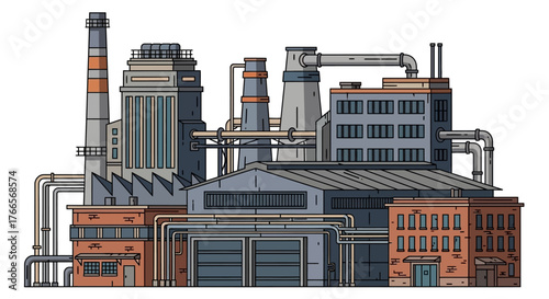 Industrial Factory Building with Chimneys and Pipes.