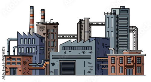 Industrial factory complex with chimneys and pipes.