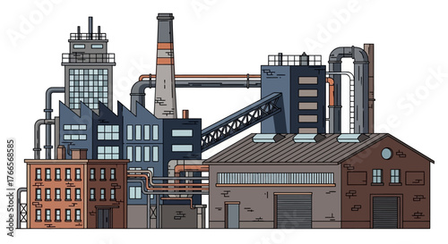 Industrial factory complex with multiple buildings and chimneys.