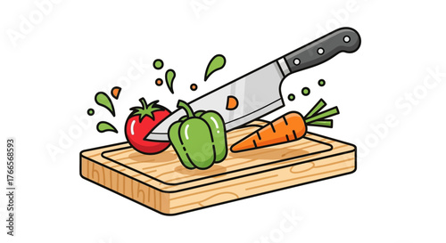Knife chopping fresh vegetables on wooden cutting board.