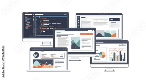 Multiple Computer Screens Displaying Data Analytics And Code.
