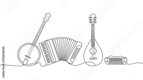 Discover the vibrant world of folk music with this charming collection of string and wind instruments, perfect for creative projects