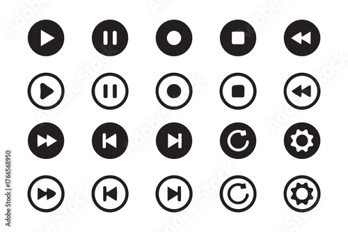 Multimedia Interface Buttons Collection – Audio and Video Control Elements in Black and White