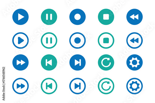 Blue and Green Media Player Control Icons Set – Play, Pause, Stop, Rewind, and Settings Symbols