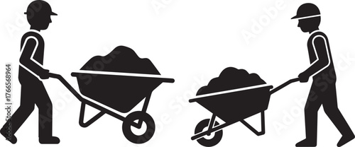Two construction workers pushing wheelbarrows silhouette