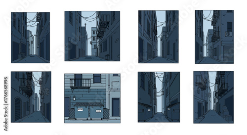 Narrow Urban Alleyway Between Tall Buildings.