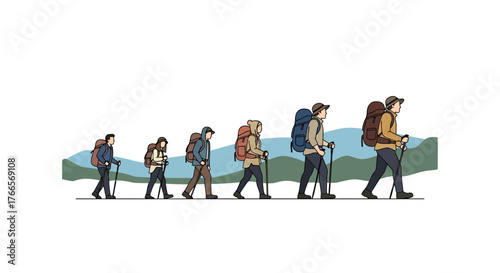 Progression of a Hiker Walking with Backpack and Poles.