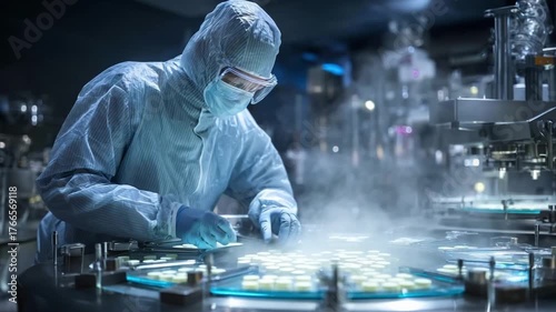 A lab technician in full cleanroom gear inspecting circular silicon wafers on a semiconductor manufacturing line.
