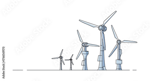 Row of Modern Wind Turbines Generating Clean Energy.