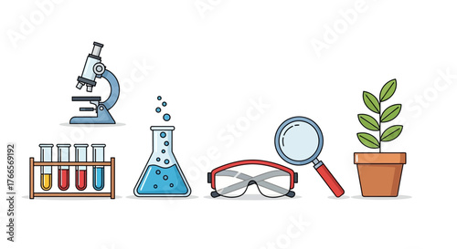 Scientific Research Tools Including Microscope Test Tubes and Plant.