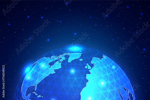 Glowing digital Earth with network grid illuminated against a starry night sky, symbolizing global technology