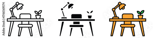 Workspace, Desk icon vector. sleek lamp, comfortable chair, and vibrant potted plant symbol. vector illustration.
