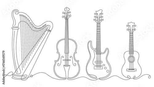 Elegant line art showcases a diverse collection of musical instruments including a harp, cello, electric guitar, and acoustic guitar, symbolizing harmony and creativity.