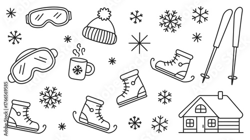 Embrace winter fun with charming hand drawn icons of skis, skates, goggles, a cozy cabin, and festive snowflakes perfect for seasonal projects.