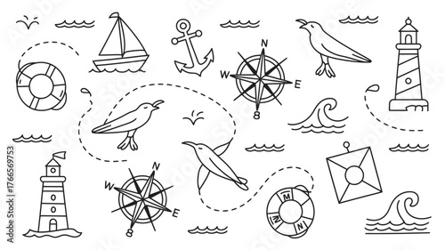 Whimsical nautical doodles featuring sailboats, lighthouses, compasses, birds, and ocean waves create a charming maritime adventure scene.