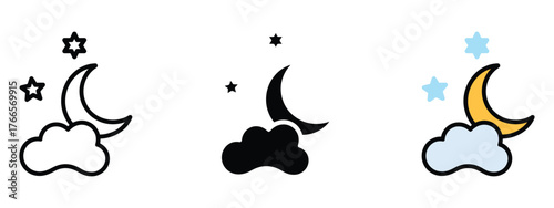 Night time icon vector. Charming crescent moon with stars and cloud symbol. vector illustration.