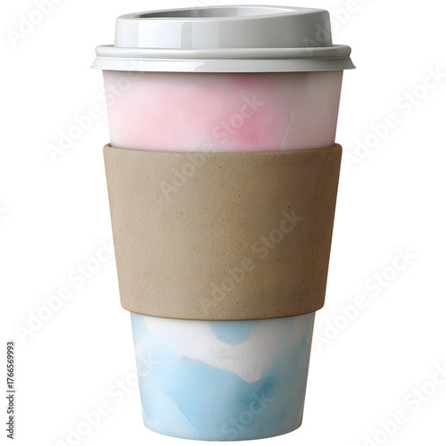 A disposable coffee cup with a watercolor design in pink and blue featuring a kraft paper sleeve and white lid isolated on a white background