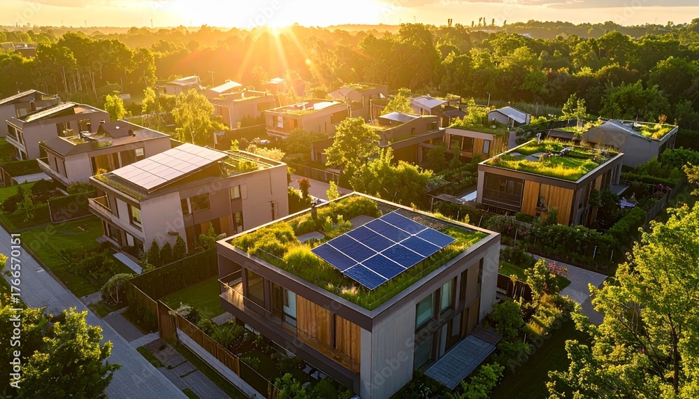 Fototapeta premium Aerial view showcases modern houses with solar panels and green roofs in a suburban setting
