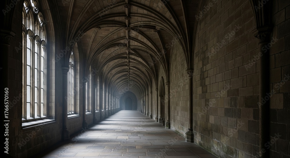 Fototapeta premium Medieval Cloister Corridor with Gothic Arches and Light