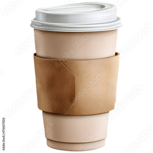 Disposable coffee cup with white lid and brown kraft paper sleeve isolated on a transparent background