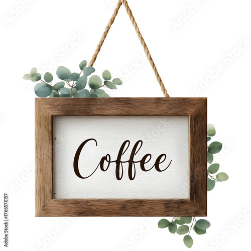 Rustic wooden hanging sign with  Coffee  in cursive font decorated with watercolor eucalyptus leaves isolated