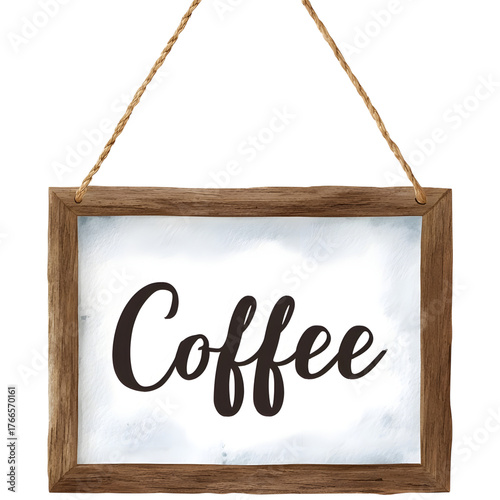 Rustic wooden hanging sign with the word Coffee in elegant calligraphy featuring a watercolor background