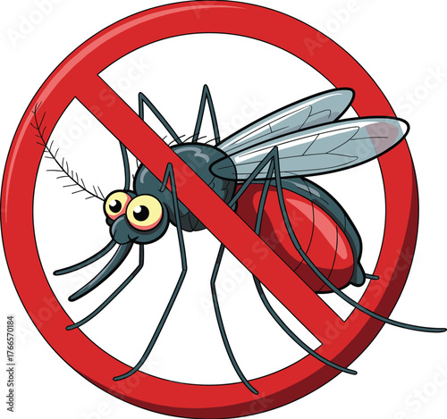 Cartoon mosquito illustration, mosquito prevention symbol, pest control graphic, no mosquito sign, insect repellent concept, health safety, vector design