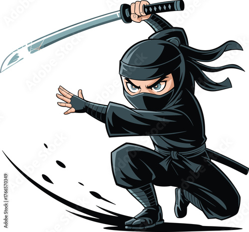 Cartoon ninja character, action pose, black outfit, katana sword, crouching stance, intense eyes, martial arts, stealth, agility, dynamic illustration