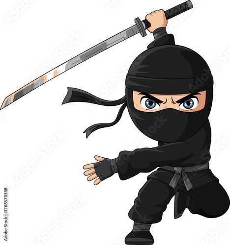 Cartoon ninja character, black outfit, katana sword, action pose, martial arts, stealth warrior, intense eyes, combat stance, traditional costume, illustration