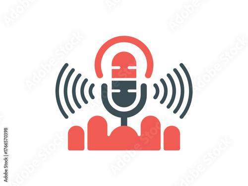 A stylized microphone icon signifies broadcasting and communication, emitting sound waves.