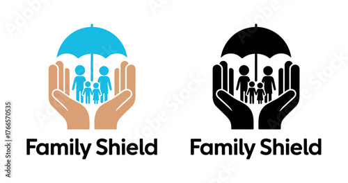 Two graphic representations of hands holding an umbrella over a family, symbolizing protection and security.