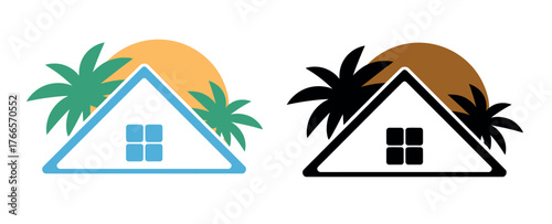 A stylized icon depicts a house with palm trees and a sun, representing a tropical home or vacation.