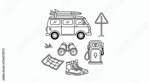 Adventurous road trip essentials like a surf van, map, binoculars, hiking boots, and gas station create a sense of exciting outdoor exploration.