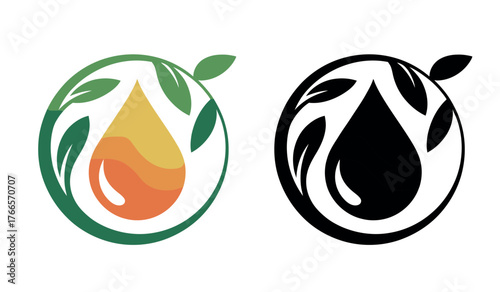A circular logo design features a stylized droplet of liquid surrounded by green leaves and branches.