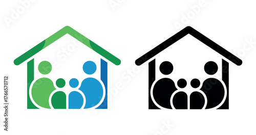 Stylized graphic of a family inside a house outline, one in color and one in silhouette.