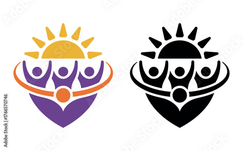 Colorful and black silhouette logos depicting people holding up a sun over a heart shape.
