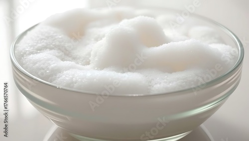 Close up of a clear glass bowl filled with white fluffy foam on a white surface in soft lighting