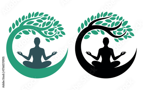 Two stylized figures in a meditative pose sit beneath abstract trees, one in green and one in black.