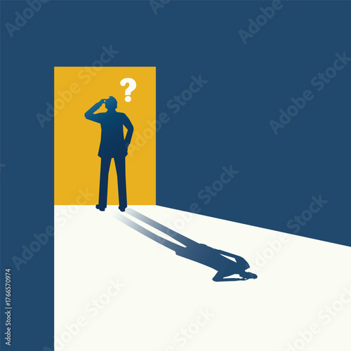 Silhouette Businessman Standing in Front of Door with Question Mark and Shadow Symbolizing Doubt or Decision