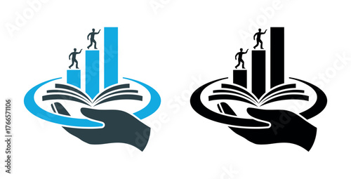 A hand holds an open book with rising bar graphs and silhouetted figures ascending.