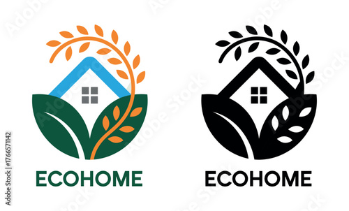 Eco home logo concept with leaves and stalks, presented in both color and black and white versions.