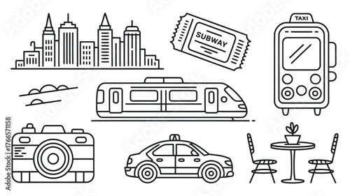 Dynamic city icons capturing urban transport, travel, and lifestyle moments with modern design appeal for creative projects