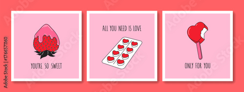 Hand drawn greeting cards set of Valentines Day and Love with typography. Vintage design with romantic elements and stickers. Minimalist doodle concept for print, banner, invitation, poster, flyer