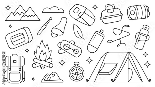 Embark on adventure with this collection of charming outdoor camping essentials including a tent, backpack, campfire, sleeping bag, and compass.