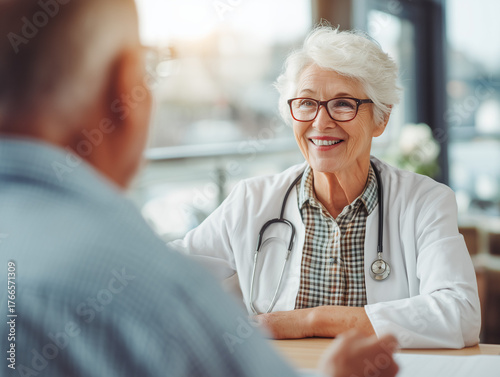 Smiling Female Doctor Consulting with Elderly Patient 미소를 짓는 여성 의사가 노인 환자와 상담하는 모습